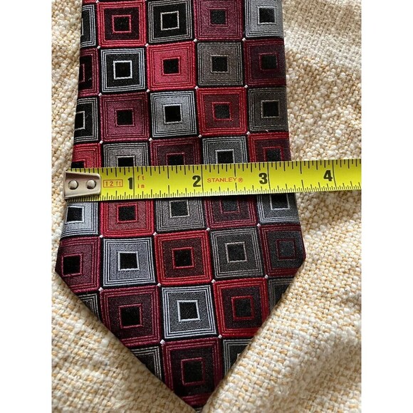 Men's Calvin Klein Silk Business Tie Ruby Red  Grey Black Geometric Blocks - Picture 7 of 8